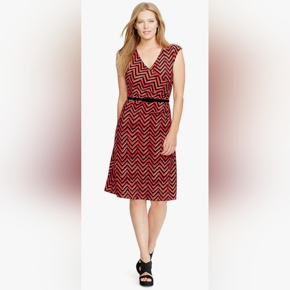 Lauren Ralph Lauren Red and Black‎ Chevron A-Line Dress NWT ~ Plus Size 2X